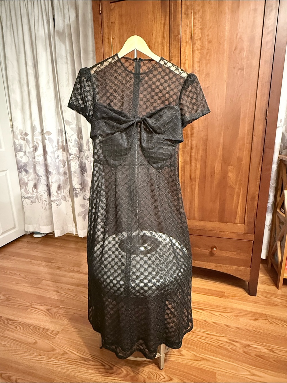 Sheer Black Lace Midi Dress with Bow Detail